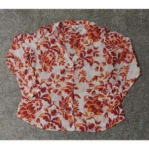 CC Lightweight 100% Cotton Red & Orange Floral Button Up Blouse V Neck SZ L